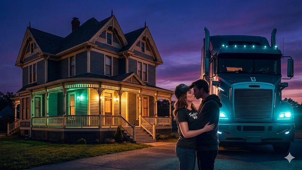 Trucker and wife sharing a kiss at dusk in front of their Victorian home, his teal semi-truck glowing beside them